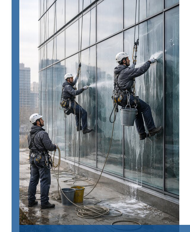 Промышленная мойка панорамных окон на высоте в Железногорске