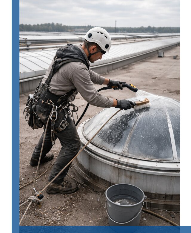 Мойка зенитных фонарей на кровле для промышленных объектов в Железногорске