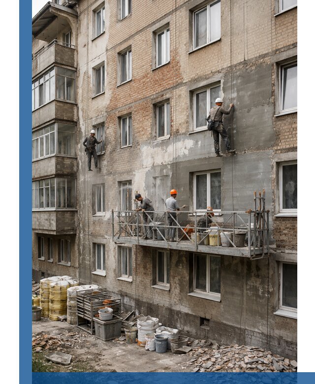 Капитальный ремонт фасада в Железногорске с восстановлением и гидроизоляцией