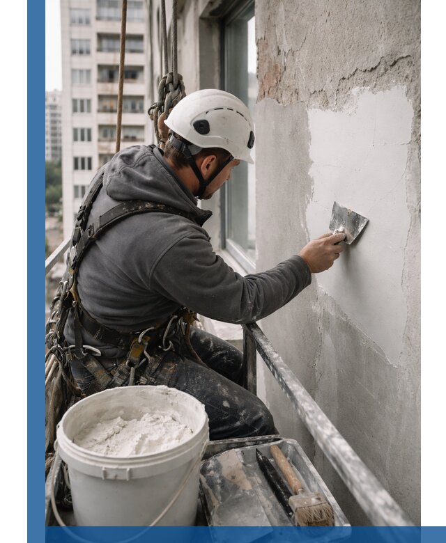 Шпаклевка фасадов на высоте с промальпинистами в Железногорске