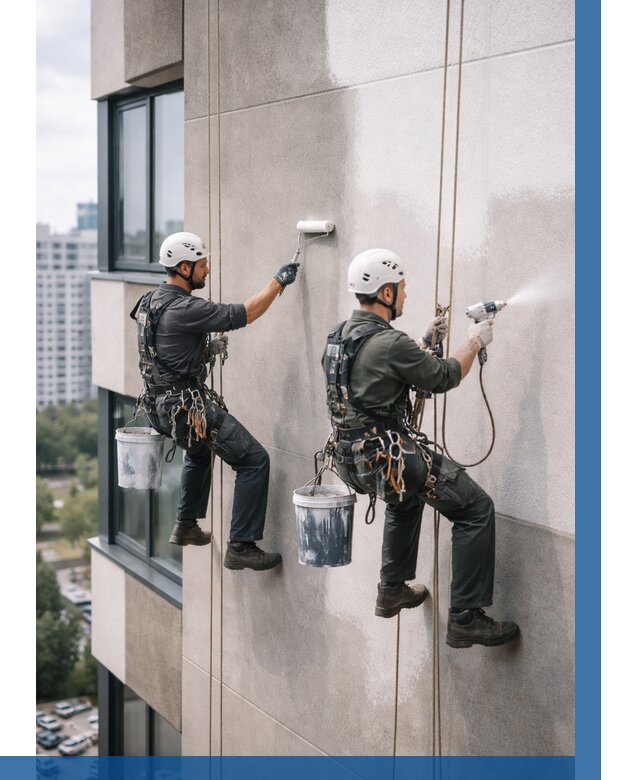 Покраска фасада альпинистами в Железногорске от 310 р. | ВЫСОТНИК-Жлр