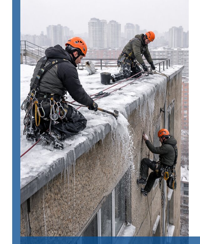 Удаление наледи с кровли в Железногорске промышленными альпинистами