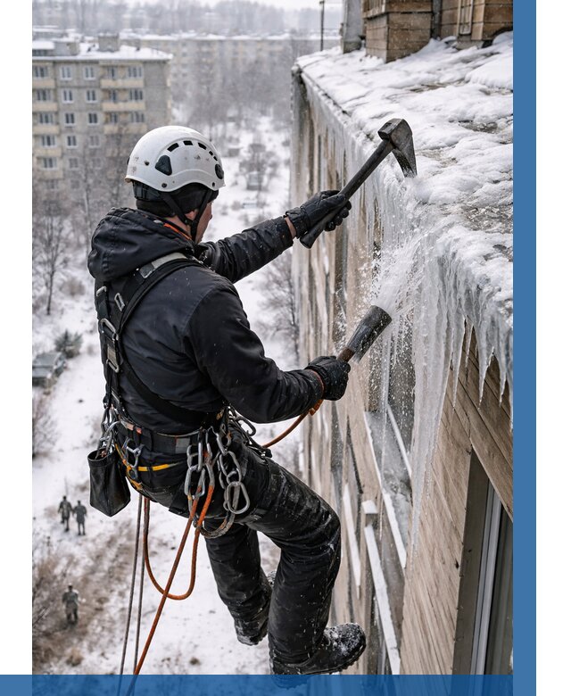 Сбивание сосулек с крыши в Железногорске по цене от 4652 р. | ВЫСОТНИК-Жлр