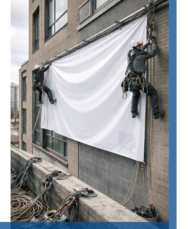 Монтаж баннеров на фасаде в Железногорске от 672 р. заказать ВЫСОТНИК-Жлр