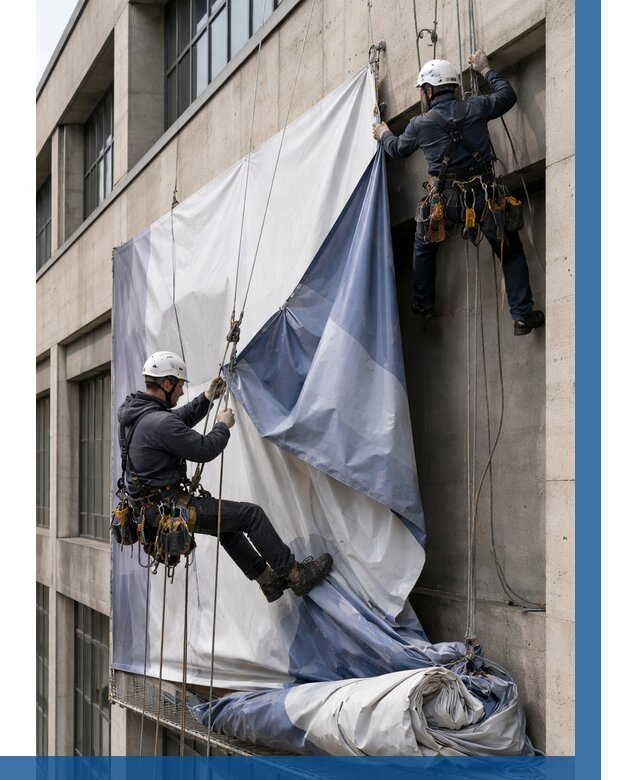 Демонтаж баннеров с фасада в Железногорске от 4652 р. | ВЫСОТНИК-Жлр