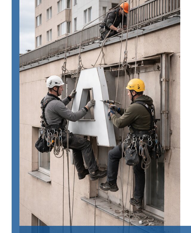Ремонт и восстановление наружных вывесок на высоте в Железногорске