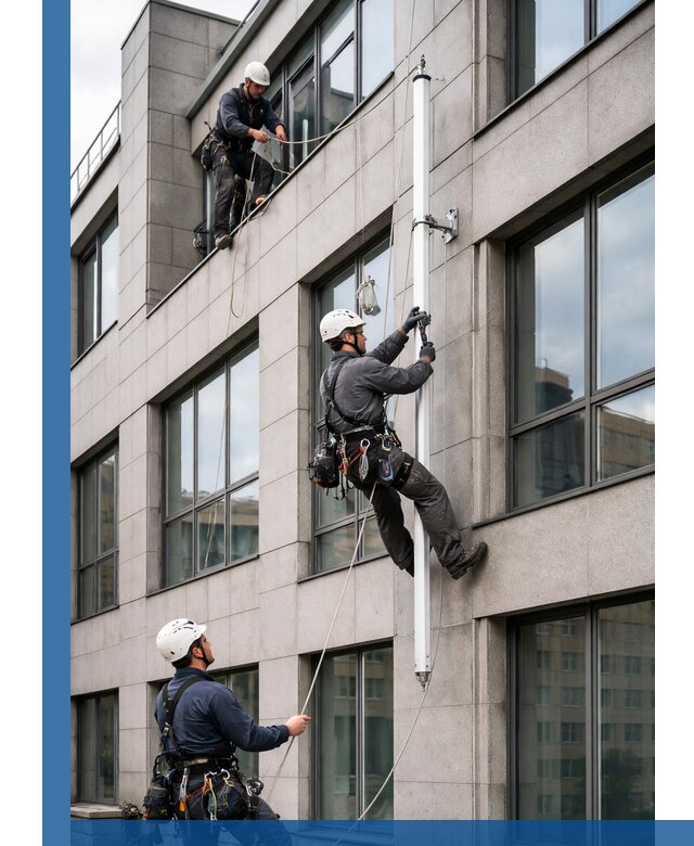 Монтаж флагштока на фасаде здания с креплением и герметикой в Железногорске