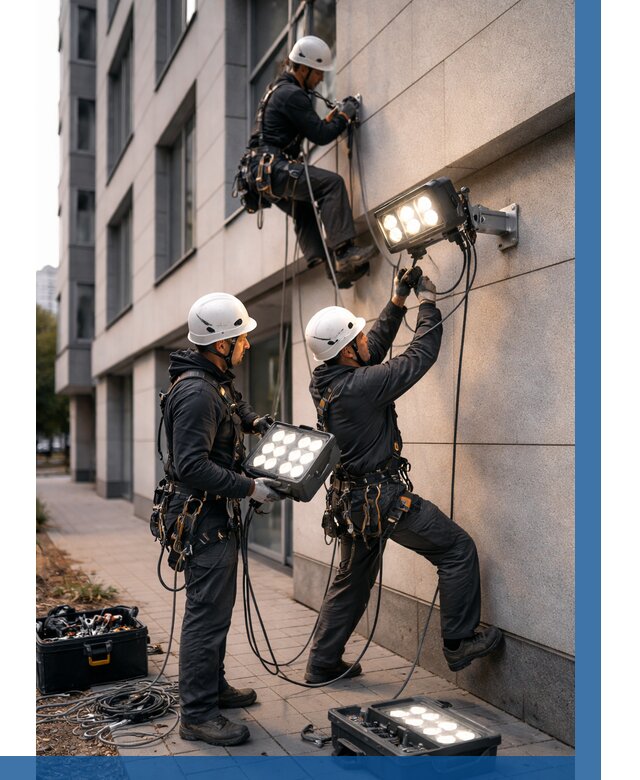 Монтаж прожекторов на фасаде в Железногорске от 7753 р. | ВЫСОТНИК-Жлр