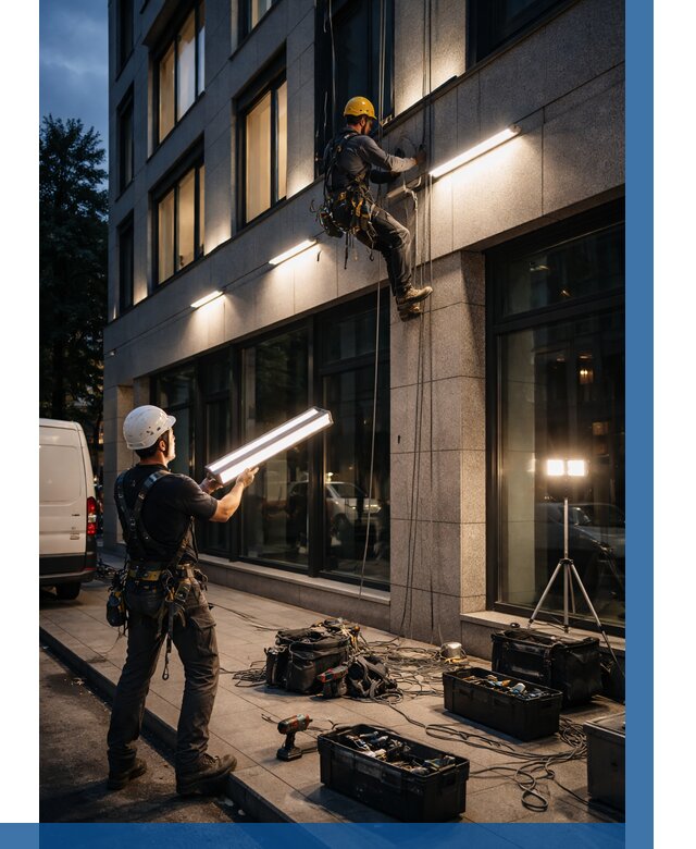 Монтаж архитектурной подсветки здания в Железногорске от 2584 р.|ВЫСОТНИК-Жлр