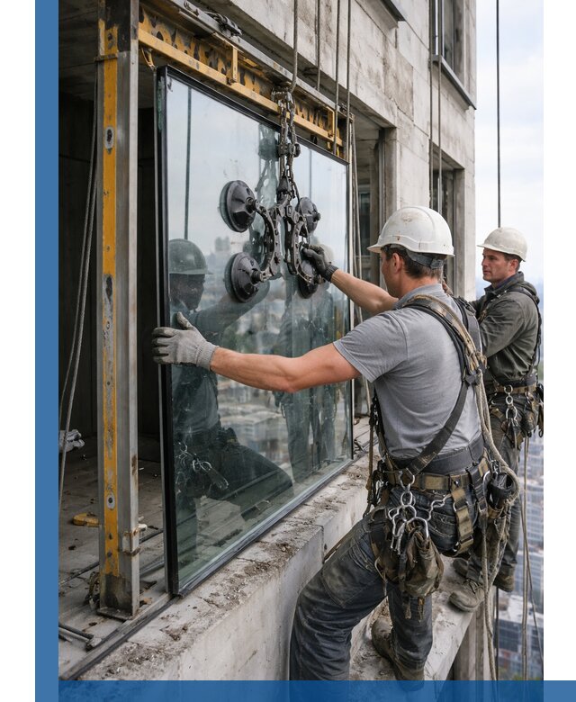 Монтаж стеклопакетов на высоте в Железногорске с промышленным альпинизмом