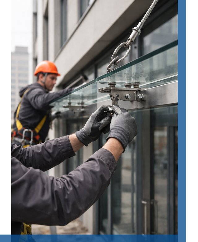 Монтаж стеклянных козырьков в Железногорске от 8786 р. | ВЫСОТНИК-Жлр