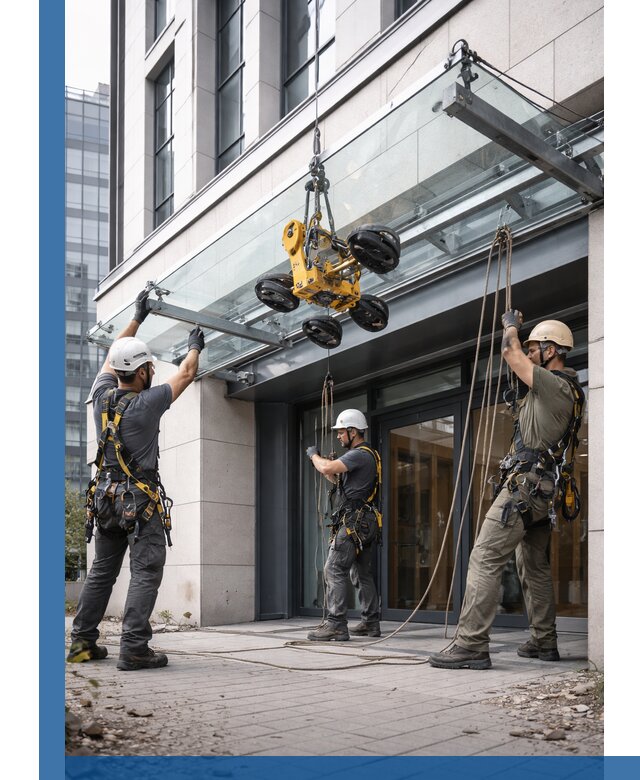 Монтаж стеклянных козырьков под ключ в Железногорске для зданий