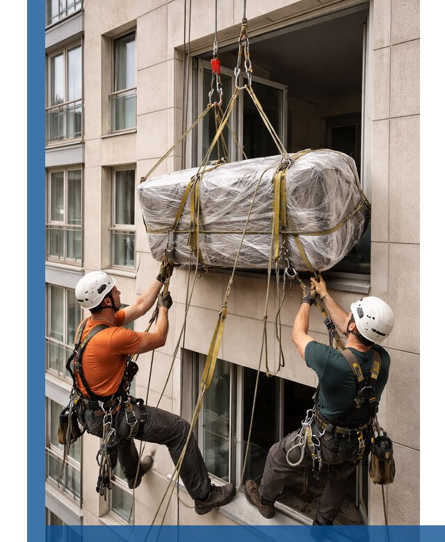 Подъем грузов через окно в Железногорске промышленными альпинистами