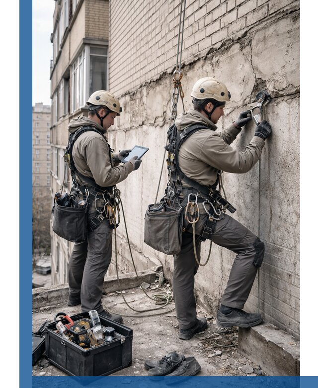 Обследование фасада промышленными альпинистами в Железногорске